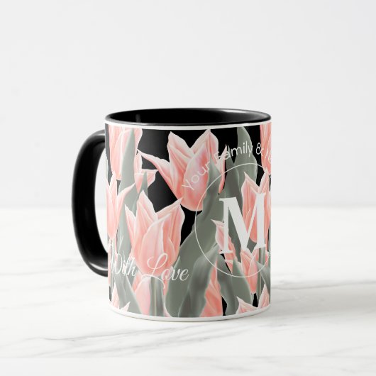 Elegant Family Name Monogram Peach Tulips Painting Mok (Voorkant links)