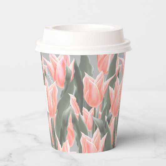 Elegant Family Name Monogram Peach Tulips Painting Papieren Bekers (Achterkant)