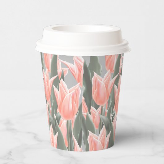 Elegant Family Name Monogram Peach Tulips Painting Papieren Bekers (Rechts)