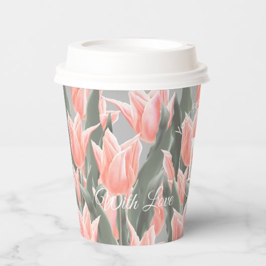 Elegant Family Name Monogram Peach Tulips Painting Papieren Bekers (Voorkant)