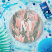 Elegant Family Name Monogram Peach Tulips Painting Papieren Bordje (Feest)