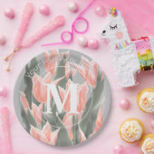 Elegant Family Name Monogram Peach Tulips Painting Papieren Bordje (Feest)