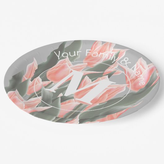 Elegant Family Name Monogram Peach Tulips Painting Papieren Bordje (Gekanteld)