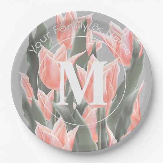 Elegant Family Name Monogram Peach Tulips Painting Papieren Bordje (Voorkant)