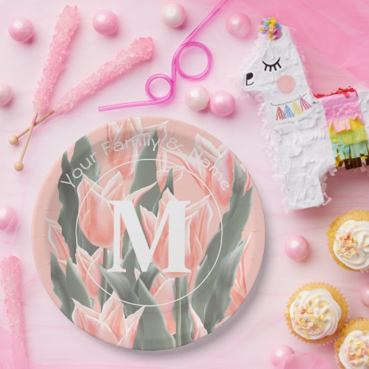 Elegant Family Name Monogram Peach Tulips Painting Papieren Bordje (Feest)