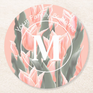 Elegant Family Name Monogram Peach Tulips Painting Ronde Kartonnen Onderzetter