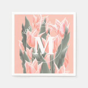 Elegant Family Name Monogram Peach Tulips Painting Servet