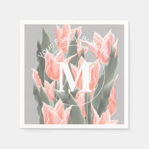 Elegant Family Name Monogram Peach Tulips Painting Servet