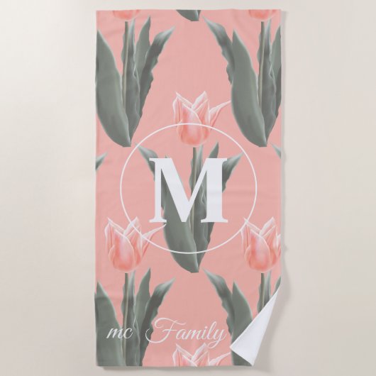 Elegant Family Name Monogram Peach Tulips Painting Strandlaken (Voorkant)