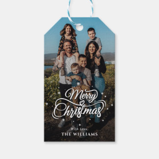 Elegant Family Photo and Name | Vrolijk kerstfeest Cadeaulabel