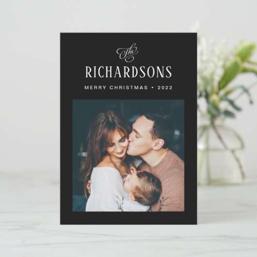 Elegant Family Photo and Name | Vrolijk kerstfeest Feestdagenkaart (Staand voorkant)