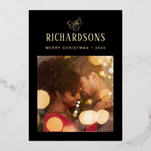 Elegant Family Photo and Name | Vrolijk kerstfeest Folie Feestdagenkaart (Voorkant)