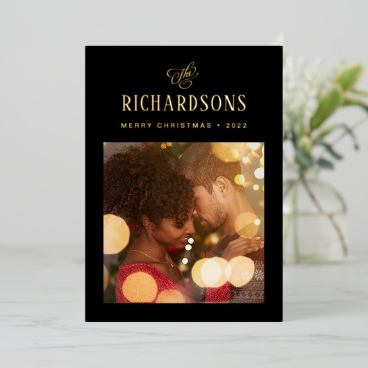 Elegant Family Photo and Name | Vrolijk kerstfeest Folie Feestdagenkaart (Staand Voorkant)