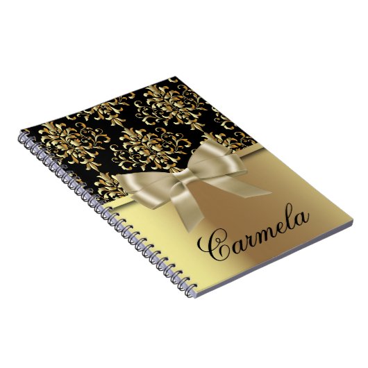 Elegant Fancy chique goud en zwart damast met boog Notitieboek (Rechterzijde)