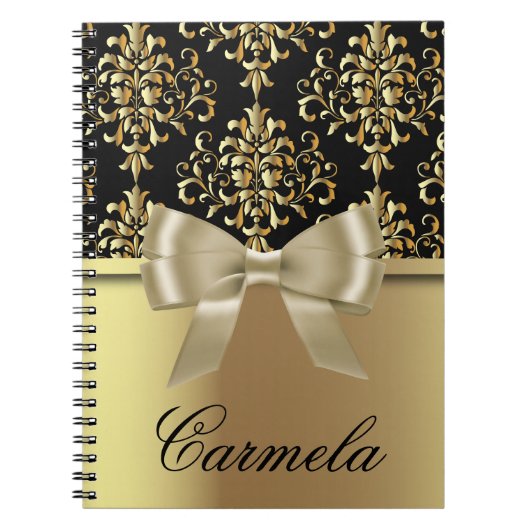 Elegant Fancy chique goud en zwart damast met boog Notitieboek (Voorkant)