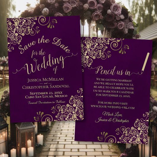 Elegant Fancy Goud Filigraan op Plum Paarse Bruilo Save The Date