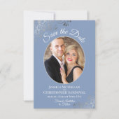 Elegant Fancy Zilver & Stoffig Blauw Foto Bruiloft Save The Date (Voorkant)