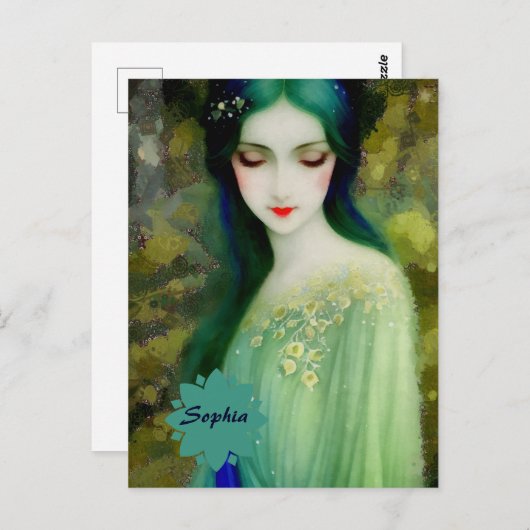 Elegant Fantasy Woman Portret in groen en blauw Briefkaart (Voorkant / Achterkant)