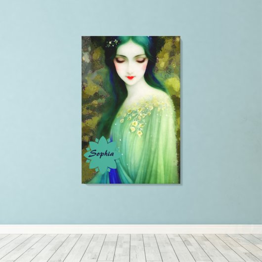 Elegant Fantasy Woman Portret in groen en blauw Canvas Afdruk (Insitu (Houten vloer))