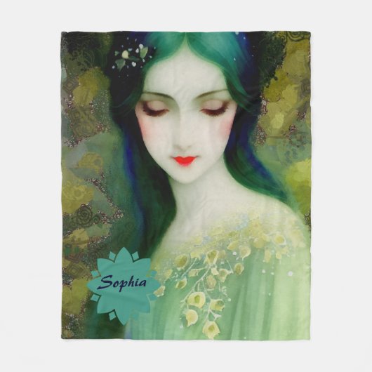 Elegant Fantasy Woman Portret in groen en blauw Fleece Deken (Voorkant)