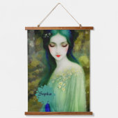Elegant Fantasy Woman Portret in groen en blauw Hangend Wandkleed (Voorkant)