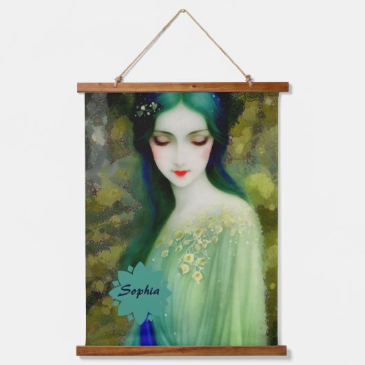 Elegant Fantasy Woman Portret in groen en blauw Hangend Wandkleed (Voorkant)
