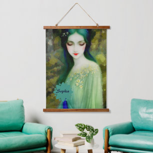 Elegant Fantasy Woman Portret in groen en blauw Hangend Wandkleed
