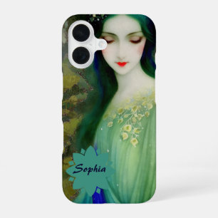 Elegant Fantasy Woman Portret in groen en blauw iPhone 16 Hoesje