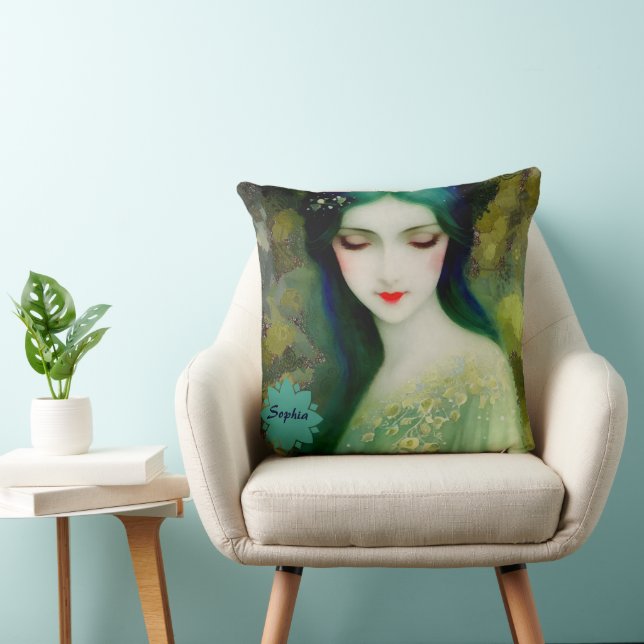Elegant Fantasy Woman Portret in groen en blauw Kussen (Stoel)