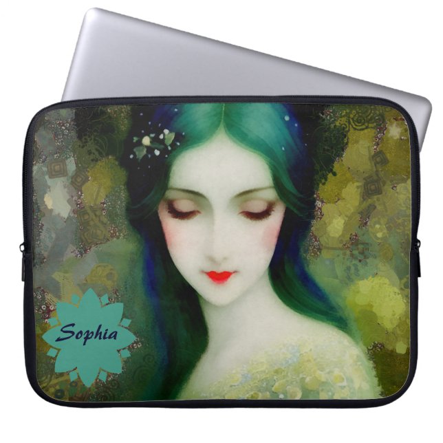Elegant Fantasy Woman Portret in groen en blauw Laptop Sleeve (Voorkant)