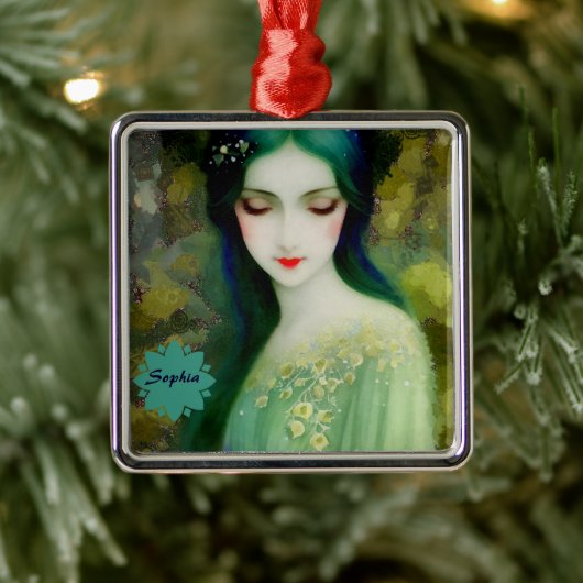 Elegant Fantasy Woman Portret in groen en blauw Metalen Ornament (Boom)