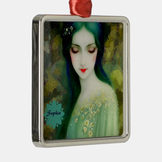 Elegant Fantasy Woman Portret in groen en blauw Metalen Ornament (Rechts)