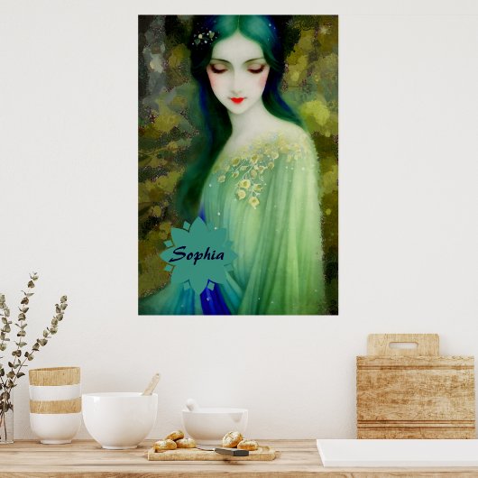 Elegant Fantasy Woman Portret in groen en blauw Poster (Keuken)