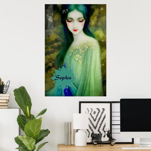 Elegant Fantasy Woman Portret in groen en blauw Poster (Thuiskantoor)