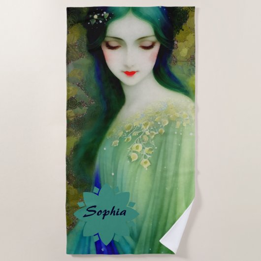 Elegant Fantasy Woman Portret in groen en blauw Strandlaken (Voorkant)