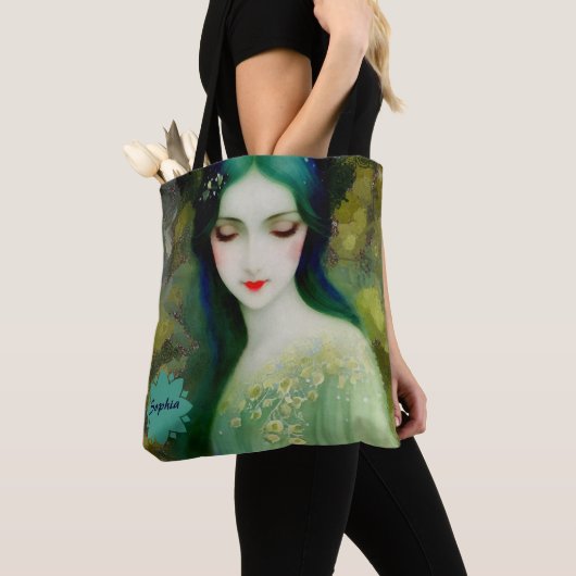 Elegant Fantasy Woman Portret in groen en blauw Tote Bag (Dichtbij)