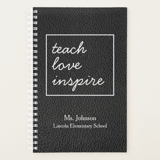 Elegant Faux Black Leather Personalized Teacher Planner (Voorkant)