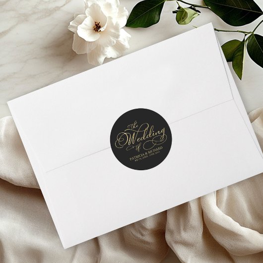 Elegant Faux Folie Black Gold Calligraphy Wedding Ronde Sticker