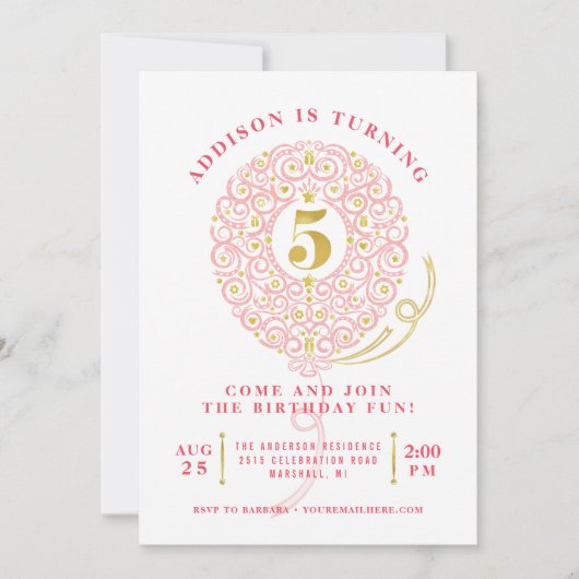 Elegant Faux Folie Lacy Balloon 5e verjaardag Kaart (Voorkant)