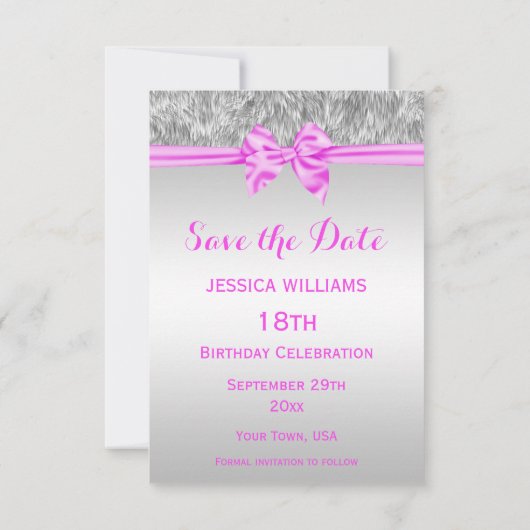 Elegant Faux Fur & Roze Bow Birthday Save the Date (Achterkant)