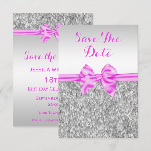 Elegant Faux Fur & Roze Bow Birthday Save the Date (Voorkant / Achterkant)