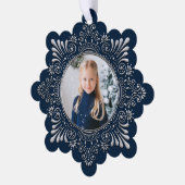 Elegant  Faux Gehamerd Zilver Photo-Blue Ornament Kaart (Links)