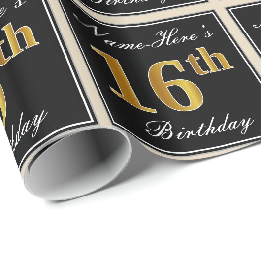 Elegant, Faux Gold 16th Birthday + Eigen naam Cadeaupapier (Rol Hoek)
