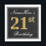 Elegant, Faux Gold 21st Birthday   Eigen naam Servet<br><div class="desc">Dit eenvoudige en elegante papieren servetontwerp bevat een bericht als "Namehere's 21st Birthday" (met de "21st" met een bruine gouden kleur die er uitziet) binnen een zwart-gekleurd vierkant gebied met een eenvoudig omtrek aan de rand. De naam is in een wit-gekleurde manuscript-als tekst, en kan worden gepersonaliseerd. Dit soort luiers...</div>