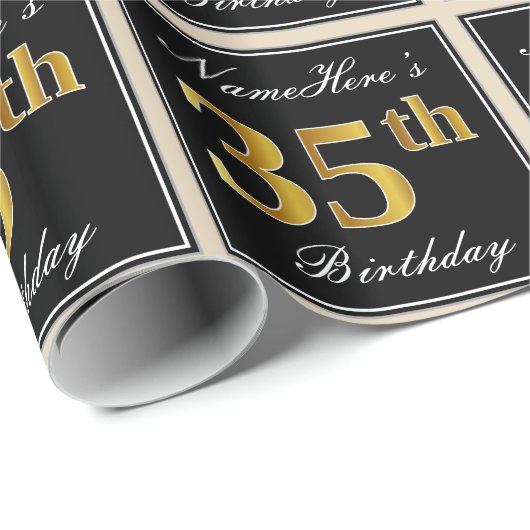 Elegant, Faux Gold 35th Birthday + Eigen naam Cadeaupapier (Rol Hoek)