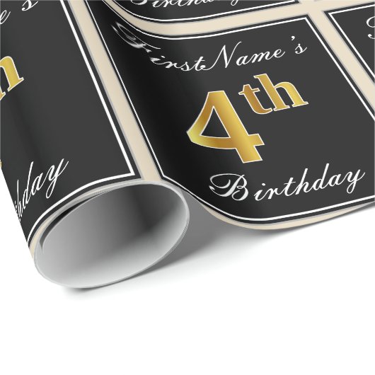 Elegant, Faux Gold 4th Birthday + Eigen naam Cadeaupapier (Rol Hoek)
