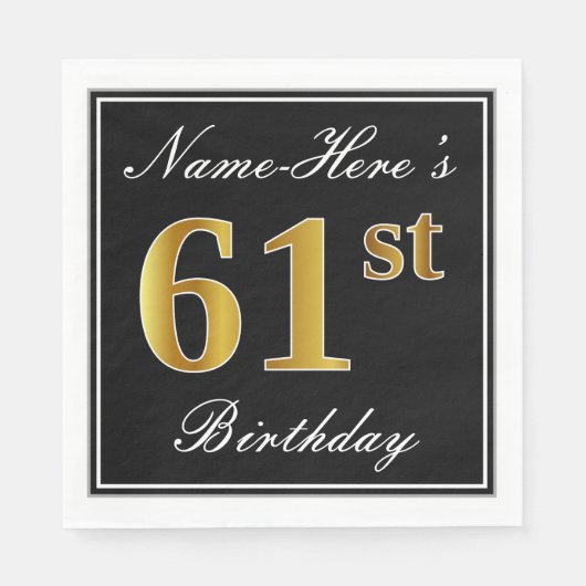 Elegant, Faux Gold 61st Birthday + Eigen naam Servet (Voorkant)
