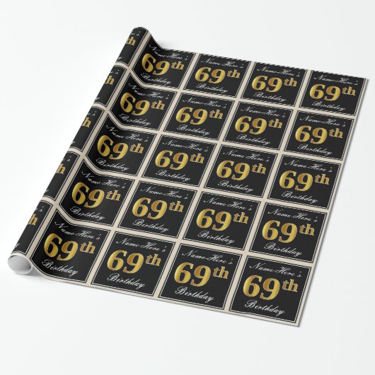 Elegant, Faux Gold 69th Birthday + Eigen naam Cadeaupapier (Uitgerold)