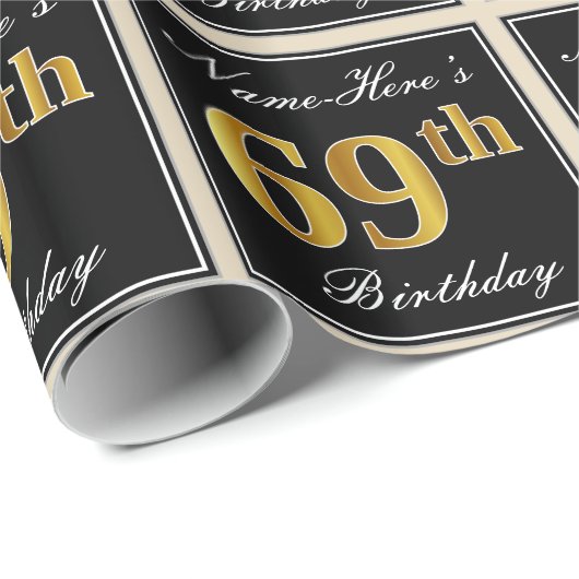 Elegant, Faux Gold 69th Birthday + Eigen naam Cadeaupapier (Rol Hoek)