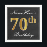 Elegant, Faux Gold 70th Birthday   Eigen naam Servetten<br><div class="desc">Dit eenvoudige en elegante papieren servetontwerp bevat een bericht als "Namehere's 70th Birthday" (met de "70th" met een faux goudachtige kleur) binnen een zwart-gekleurd vierkant gebied met een eenvoudige omtrek aan de rand. De naam is in een wit-gekleurde manuscript-als tekst, en kan worden aangepast. Dit soort luiers kunnen misschien op...</div>